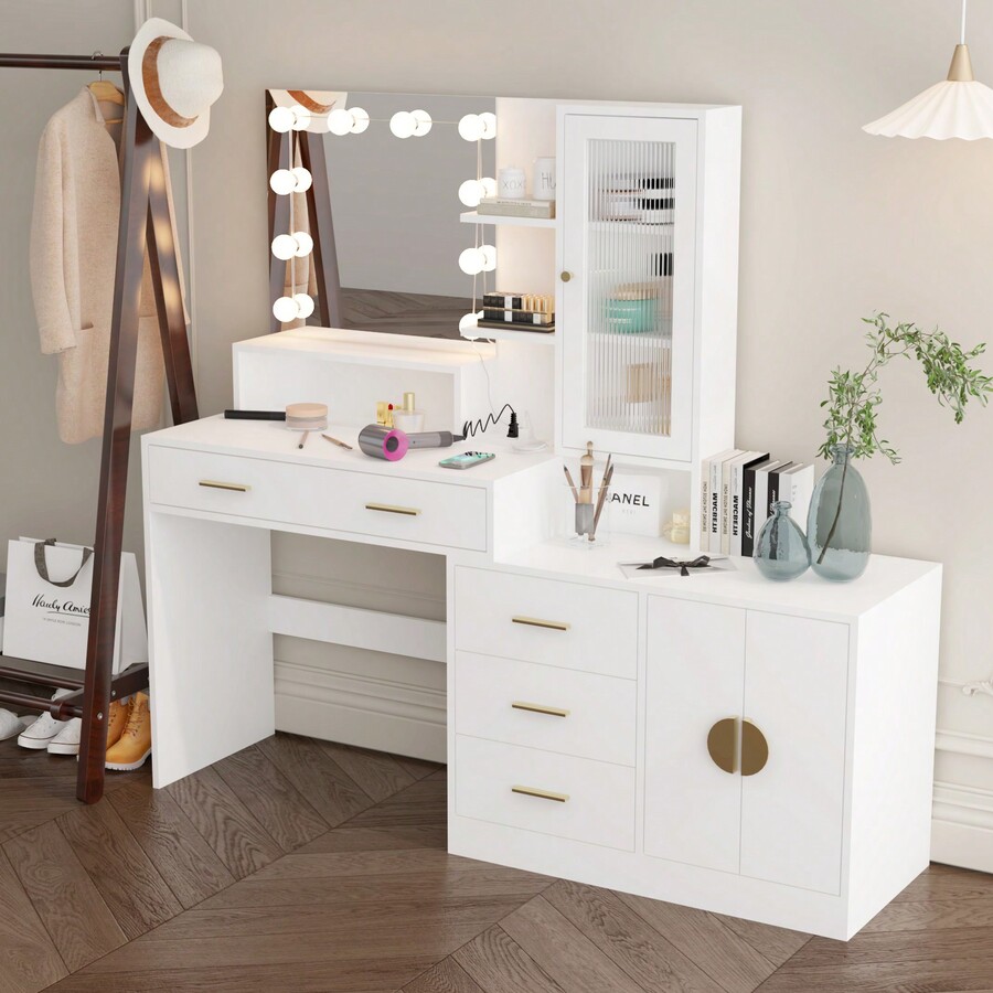 Large Makeup Vanity With Lights, Vanity Table With Charging Station