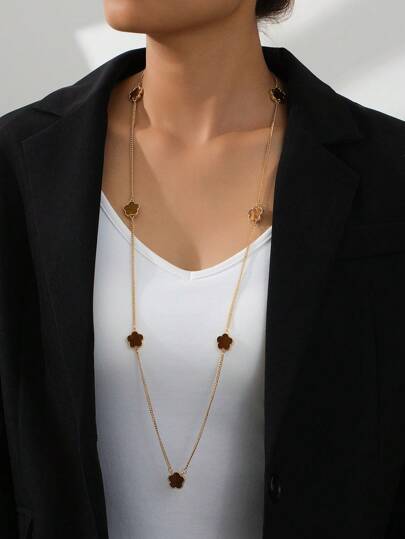 1 件时尚优雅幸运五叶草吊坠长项链链、毛衣链，适合女士情人节、妈妈、母亲、母亲节、礼物