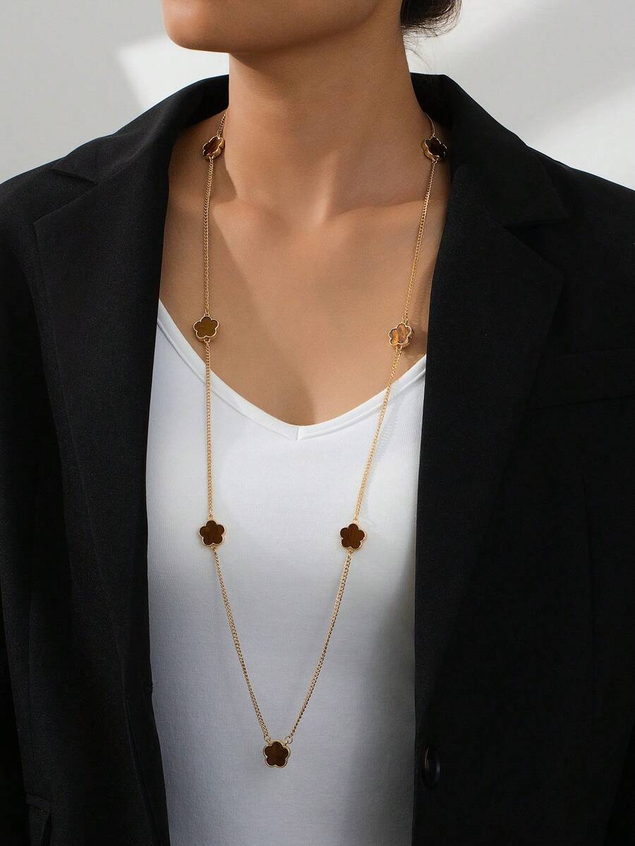 1pc Fashionable Elegant Lucky 5-Leaf Clover Pendant Long Necklace Chain, Sweater Chain For Women Valentines,Mom,Mother,Mother's Day,Gift