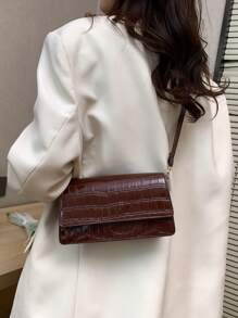 1 件女士鳄鱼压纹单肩包，纯色时尚小方包，适合少女、大学生、办公室女士、商务、通勤、户外、旅行 - 棕色 - 查看 3