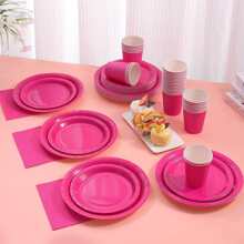 80 件/套热粉色派对用品，包括 20 件 7 英寸/20 件 9 英寸一次性盘子、20 张餐巾、20 个杯子、派对装饰品，适合多人生日派对、派对装饰