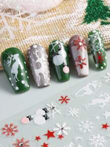 4 张闪光 5D 冬季圣诞指甲贴纸白银金色麋鹿企鹅猫铃铛雪花蝴蝶结灯球圣诞树条纹线 DIY 指甲装饰 - 彩色 - 查看 4