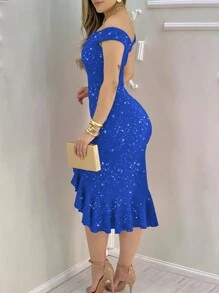 ChicMe Off Shoulder Beaded Ruffle Hem Bodycon Midi Dress Sexy Party Elegant Fashion Outfit