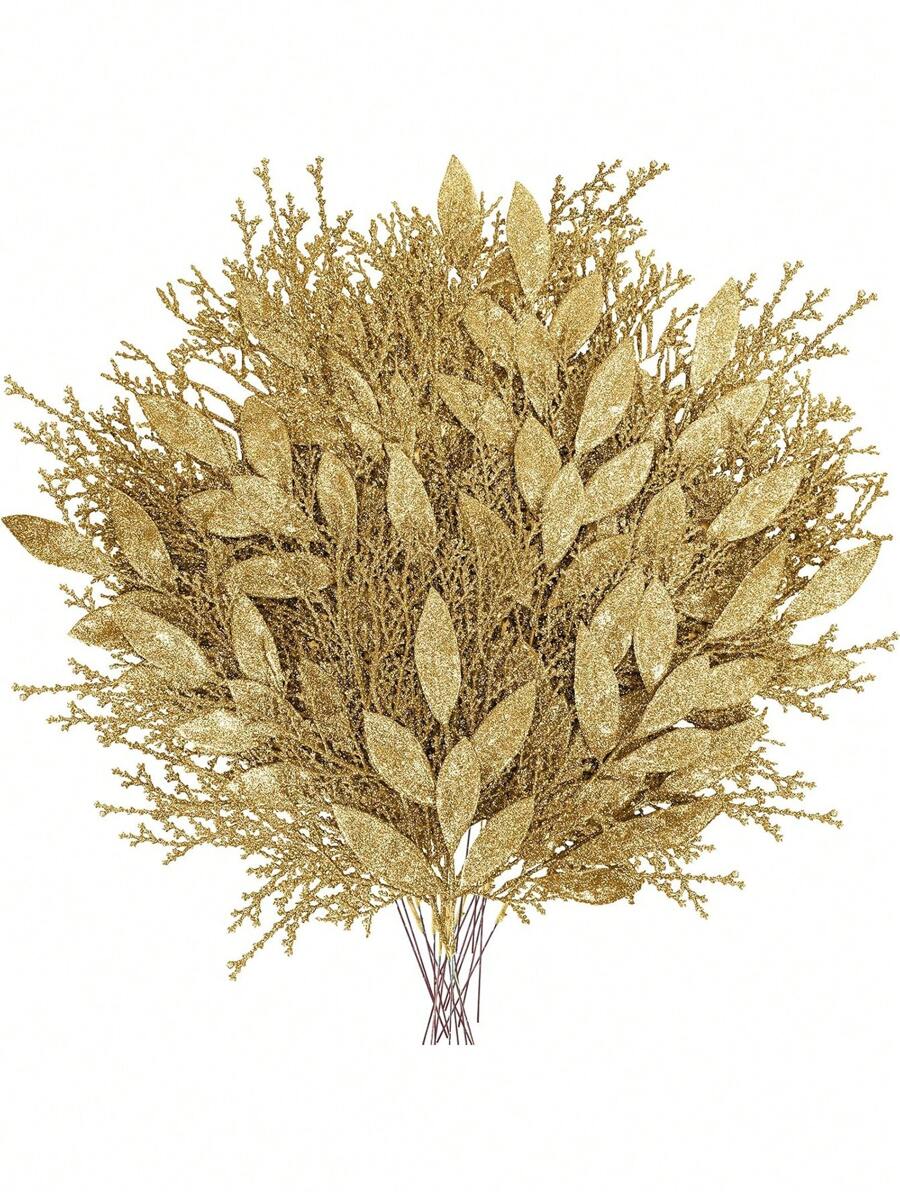10 Piezas Ramas artificiales de hojas de cedro navideñas, decoraciones de hojas con brillo navideño, adornos navideños de árbol con hojas doradas con brillo para manualidades de decoración de árbol de Navidad, decoración de habitación, decoración navideña, decoración de corona, decoración de boda, decoración del hogar con flores artificiales, plantas artificiales