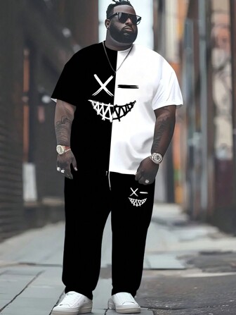 2 件套男士小丑笑脸图案撞色印花休闲短袖 T 恤和宽松长裤，时尚运动运动服套装，大码，百搭