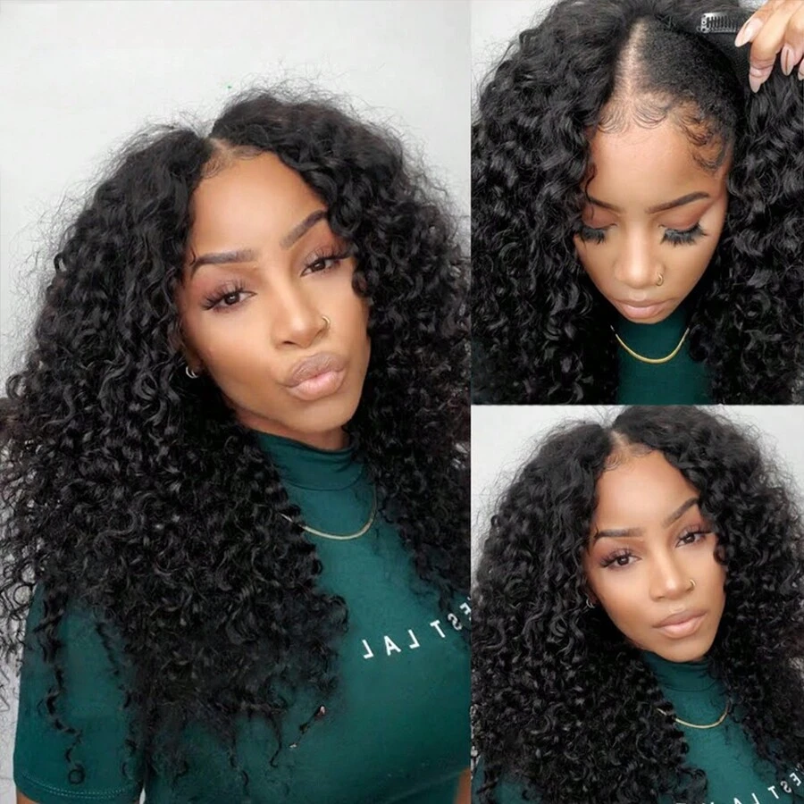 Jerry Curly U V Part Wig Human Hair No Leave Out No Glue Brazilian Curly Wave V Part Glueless Human Hair Wig For Women - Natural Black - 查看 1