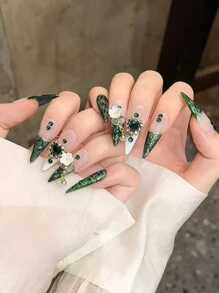 10 件豪华套装，包含绿宝石、水晶心形、白色人造珍珠母贝小花人造珍珠吊坠装饰，适合女性派对场合的优雅装扮，可重复使用的指甲油贴纸套装，配有迷你磨刀棒，可按压指甲，美甲用品，美甲 - 綠色 - 查看 3