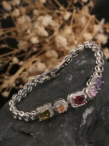 1 件北极冰方晶锆石手镯，5 种颜色包括紫色、粉色、白色、绿色、空心圆形设计，适合女性日常佩戴 - 5寶石手鍊 - 查看 2