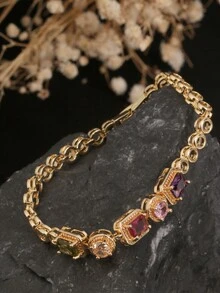 1 件北极冰方晶锆石手镯，5 种颜色包括紫色、粉色、白色、绿色、空心圆形设计，适合女性日常佩戴 - 5寶石手鍊 - 查看 1