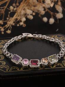 1 件北极冰方晶锆石手镯，5 种颜色包括紫色、粉色、白色、绿色、空心圆形设计，适合女性日常佩戴 - 5寶石手鍊 - 查看 6