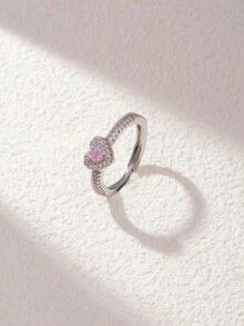 1 件可爱粉色锆石心形戒指，银色珠宝，情人节送给女士的礼物 - 彩色 - 查看 7