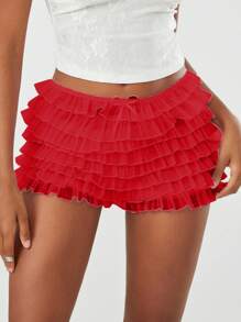 Women's Summer Ruffled Frilly Shorts, Multi-Layer Mesh Short Pants Sweet Cute Bloomers - Red - View 7