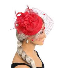 1 件复古蝴蝶结和羽毛头带，百搭迷人帽子，适合派对、圣诞节、新娘、婚礼 - 酒紅色 - 查看 3