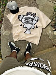 男士时尚卡其色卡通人物圆领短袖 T 恤 - 卡其色 - 查看 2