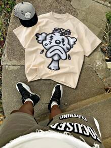 男士时尚卡其色卡通人物圆领短袖 T 恤 - 卡其色 - 查看 1