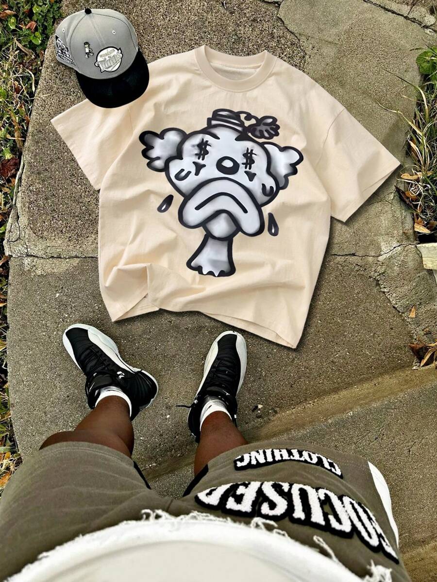 男士时尚卡其色卡通人物圆领短袖 T 恤 - 卡其色 - 查看 1