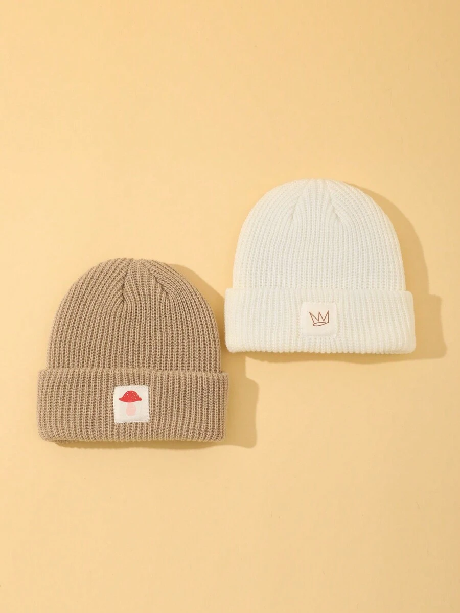 2 件套蘑菇皇冠图案冬季保暖针织无檐小便帽，柔软舒适婴儿幼儿男孩女孩儿童礼物 - 彩色 - 查看 1