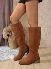 Giày bốt đế xuồng mũi nhọn đế xuồng đế dày cho nữ, bốt cao đến đầu gối có khóa kéo bên hông thời trang cho người ngoại cỡ, màu lạc đà, nâu, thu/đông - màu nâu - Xem 2