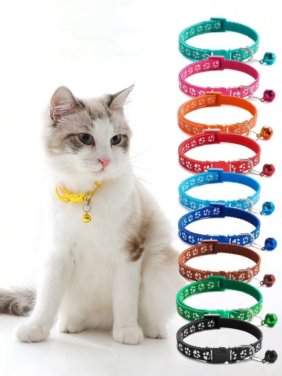 10 chiếc vòng cổ thú cưng có thể điều chỉnh có chuông và phản quang, thiết kế hình dấu chân dễ thương, an toàn cho mèo và chó - Nhiều màu - Xem 1
