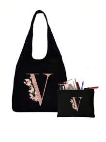 Bộ sản phẩm gồm 1 túi tote màu đen in họa tiết hoa và 1 túi nhỏ màu đen, túi tote in chữ cái A-Z màu hồng in họa tiết hoa + túi đựng mỹ phẩm, túi quà cưới/túi tote cá nhân hóa - màu đen - Xem 14