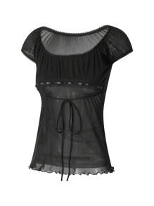 Women Y2k Fairy Grunge Tees Short Sleeve See Through Lace Up T-Shirt Vintage Crop Tops Aesthetic Clothes E-Girl Streetwear - 黑色 - 查看 3