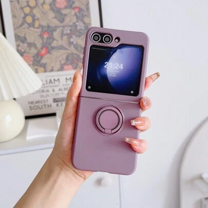 1pc Luxury Full Coverage Silicone Liquid Case, Built-In Anti-Scratch Flocking Lining, With Integrated Finger Ring Kickstand, Compatible With Samsung Z Flip 6/5/4/3 Waterproof Shockproof Anti-Fall