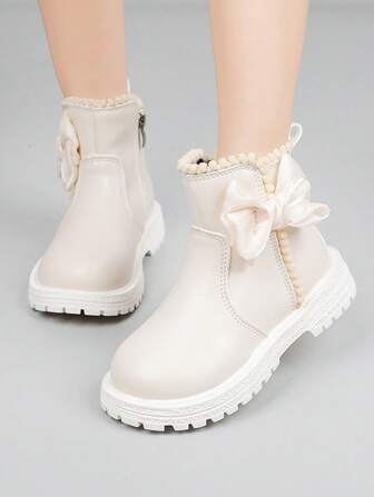 Botines para niñas, nuevas botas cortas de otoño e invierno con lazo, forro esponjoso y caliente para niñas pequeñas