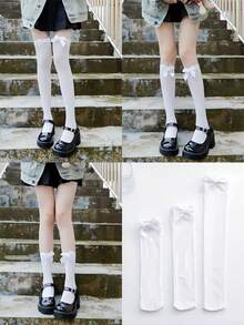 1pair JK Style Bowknot Elegant Long Thigh High Stockings, Velvet Knee Socks