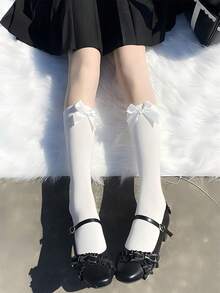 1pair JK Style Bowknot Elegant Long Thigh High Stockings, Velvet Knee Socks