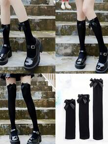 1pair JK Style Bowknot Elegant Long Thigh High Stockings, Velvet Knee Socks