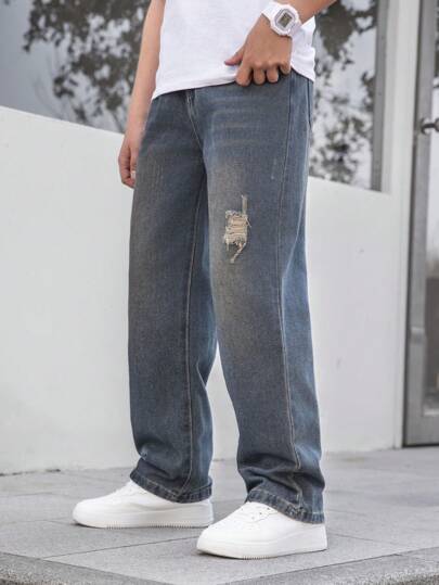 Tween Boy Vintage Street Style Light Wash Distressed Loose Straight Leg High Waist Casual Jeans For Boys