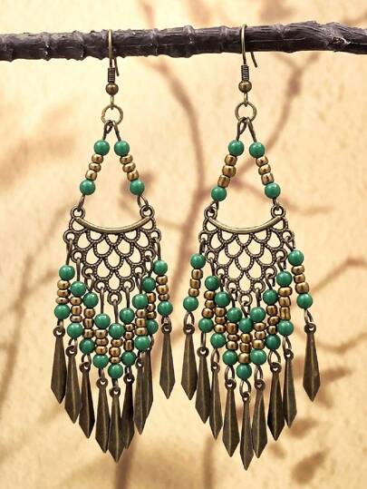 1 Pair Boho Vintage Hollow Tasseled Green Resin Beaded Earrings, Elegant Classic Accessory For Women, Suitable For Beach Vacation, Daily Wear, Party/Dinner, Great Gift For Family, Sisters, Friends, Girlfriend, Party, Birthday, Valentine's Day