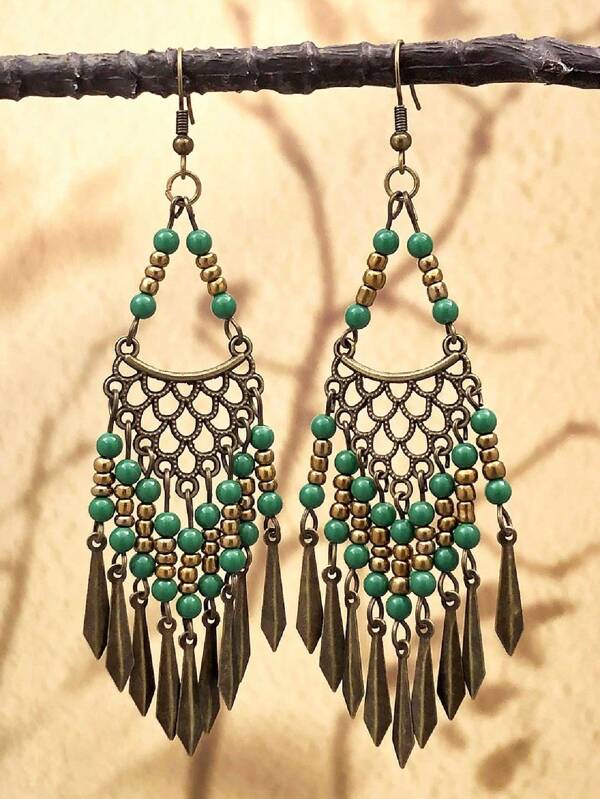 1 Pair Boho Vintage Hollow Tasseled Green Resin Beaded Earrings, Elegant Classic Accessory For Women, Suitable For Beach Vacation, Daily Wear, Party/Dinner, Great Gift For Family, Sisters, Friends, Girlfriend, Party, Birthday, Valentine's Day