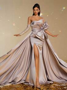 Smilprince Elegant One Shoulder Silver-Purple Evening Gown With Embellished Sleeve And Bow Detail, Elegant Party, Prom Dresses For Women, Formal Evening Gown For Wedding Guest, Graduation, Dinner - Mauve Purple - View 6