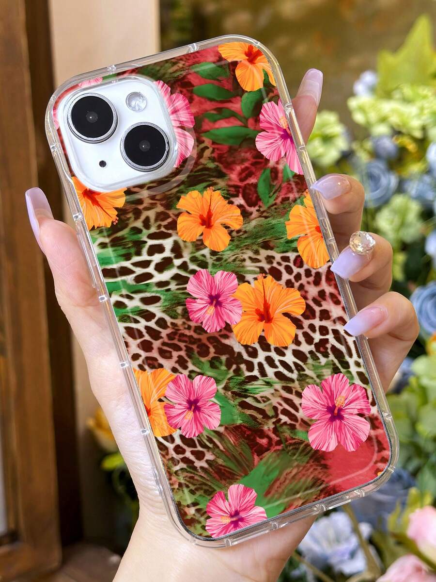 动物豹纹 1 件创意老虎与芙蓉花图案气垫防滑软手机壳兼容 iPhone 11/12/13/14/15/16 Pro Max - 彩色 - 查看 1