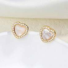 MOTHER OF PEARL HEART EARRINGS 18K GOLD PLATED WITH ZIRCONIA - 金色 - 查看 4