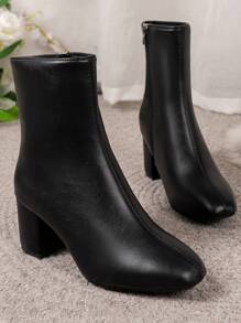 女士纯色套穿踝靴，侧拉链，方头，粗跟，休闲日常百搭黑色踝靴，优雅时尚 - 黑色 - 查看 4