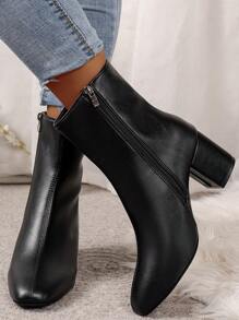 女士纯色套穿踝靴，侧拉链，方头，粗跟，休闲日常百搭黑色踝靴，优雅时尚 - 黑色 - 查看 2