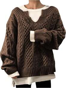 Plus Size Sweaters For Women V Neck Long Sleeve Cable Knit Sweaters Casual Fall Sweaters Soft Jumper Tops - 卡其色 - 查看 1