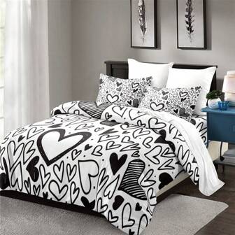 3PCS Nordic Style Black Heart Print Duvet Cover Set(1*Duvet Cover + 2*Pillowcase, Without Core),Romantic Space-Themed,- Luxurious Softness, Breathable Comfort,Perfect For Bedrooms & Guest Rooms,Comfortable, Hypoallergenic, And Easy Care,For All Seasons