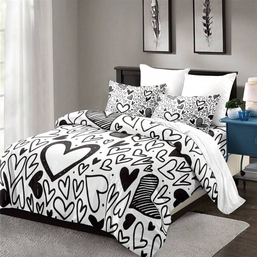 3 件套北欧风格黑色心形印花羽绒被套（1 * 羽绒被套 + 2 * 枕套，不含芯），浪漫太空主题，奢华柔软，透气舒适，非常适合卧室和客房，舒适、防过敏、易于护理，适合所有季节 - 黑與白 - 查看 1