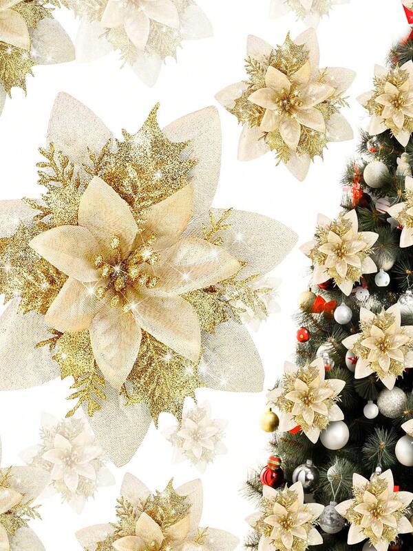 20 piezas - Flores de Navidad artificiales para decoración, un adorno de árbol de Navidad rojo, flores de Nochebuena artificiales con brillo para decoraciones navideñas en el hogar, fiestas y árbol de Navidad (Dorado)