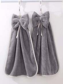 Coral Fleece Bow Decor Hanging Hand Towel, Absorbent For Kitchen And Bathroom