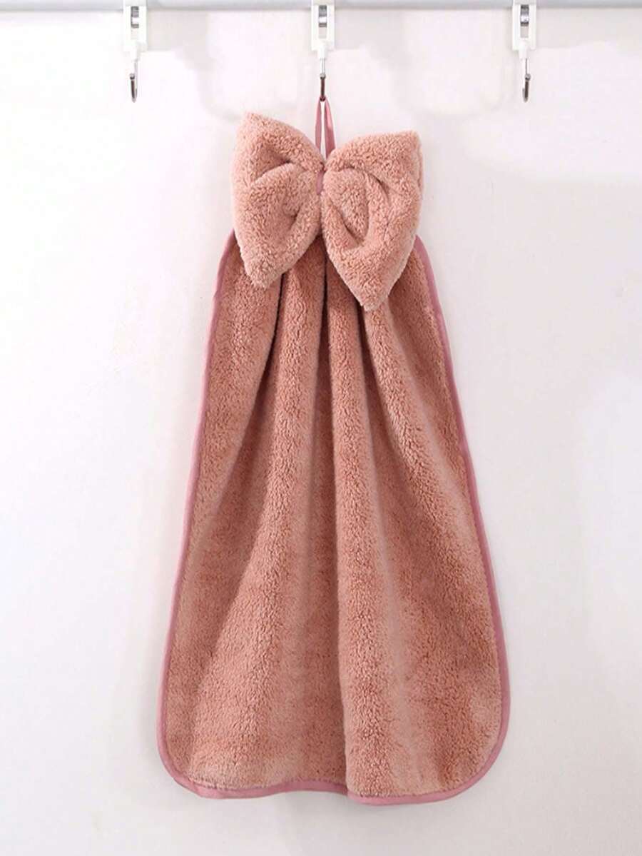 Coral Fleece Bow Decor Hanging Hand Towel, Absorbent For Kitchen And Bathroom