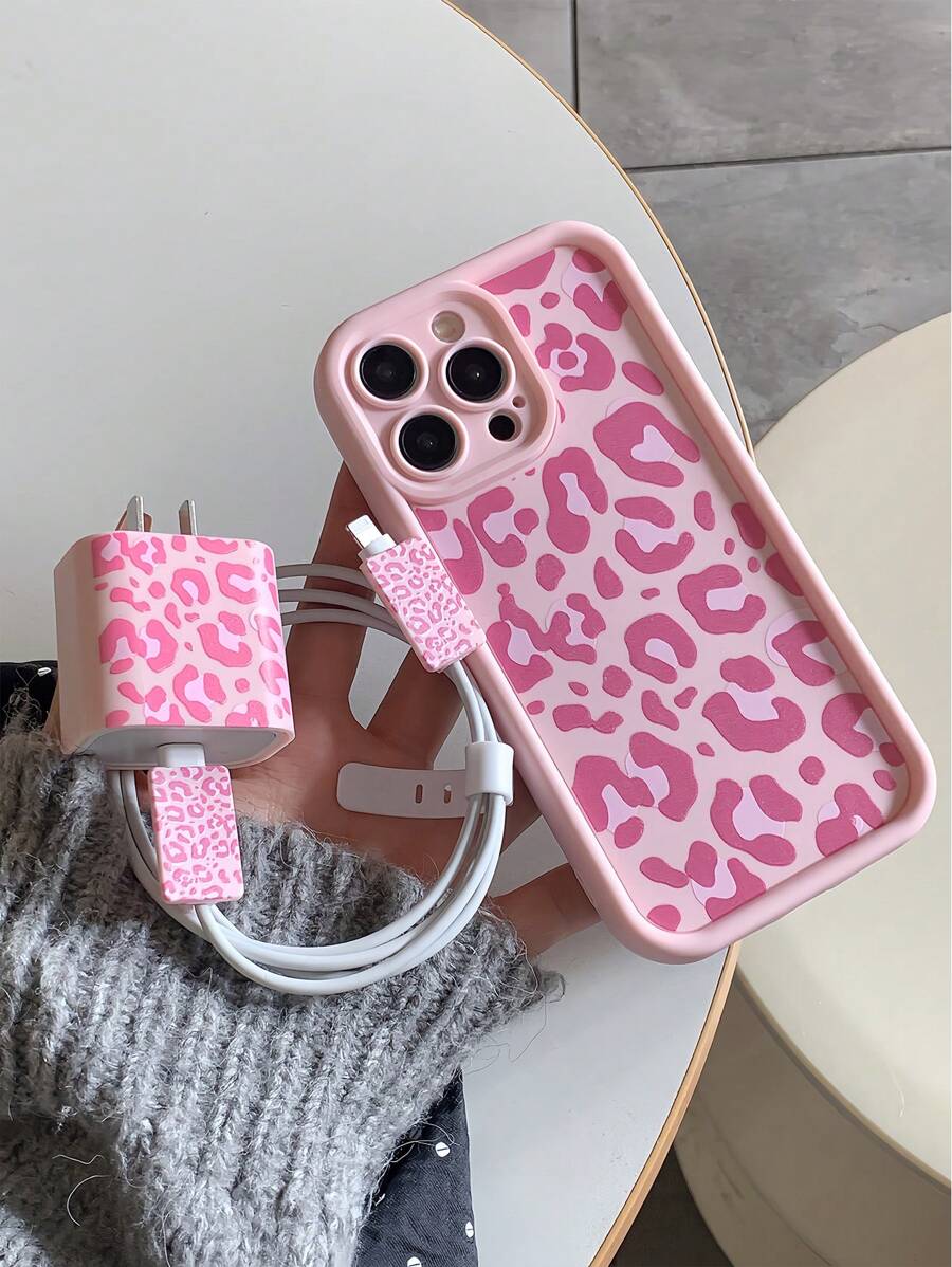 Apple Animal Pink Leopard Transparent Electroplated Frame Shockproof Phone Case + Charger Protector Compatible With IPhone Waterproof Anti-Fall Scratch Resistant - Multicolor - View 1