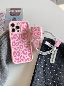 Apple Animal Pink Leopard Transparent Electroplated Frame Shockproof Phone Case + Charger Protector Compatible With IPhone Waterproof Anti-Fall Scratch Resistant - Multicolor - View 2