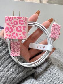 Apple Animal Pink Leopard Transparent Electroplated Frame Shockproof Phone Case + Charger Protector Compatible With IPhone Waterproof Anti-Fall Scratch Resistant - Multicolor - View 3