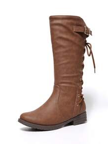 Giày bốt thời trang đi làm mùa thu/đông thanh lịch thoải mái, đế thấp dày, mũi tròn, dây buộc bằng da PU màu nâu, đinh tán vàng - màu nâu - Xem 2