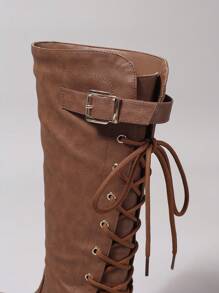 Giày bốt thời trang đi làm mùa thu/đông thanh lịch thoải mái, đế thấp dày, mũi tròn, dây buộc bằng da PU màu nâu, đinh tán vàng - màu nâu - Xem 3