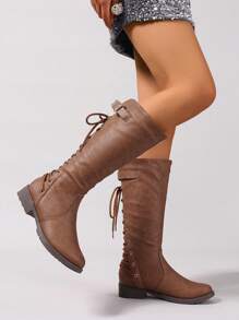 Giày bốt thời trang đi làm mùa thu/đông thanh lịch thoải mái, đế thấp dày, mũi tròn, dây buộc bằng da PU màu nâu, đinh tán vàng - màu nâu - Xem 7